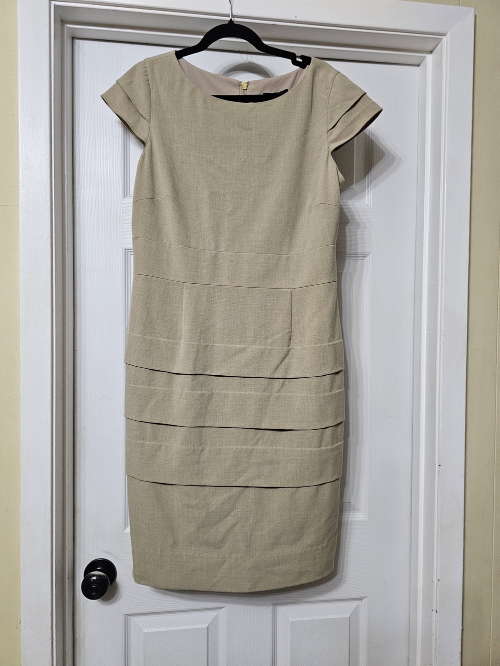 Elegant Beige Midi Sheath Dress with Layered Skirt
